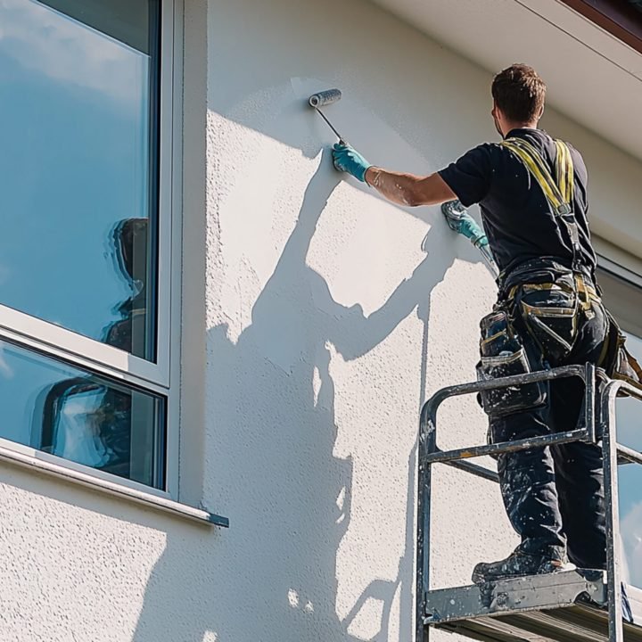 https://s.mj.run/CJja6CUm-TA A man painting the exterior of his house with white paint, standing on top of an elevated platform to reach high places. He is holding onto one side and using roller brushes or paint to cover the wall in a smooth color without any bubbles or air pockets. The windows have new frames and glass panels, creating a clean look for the home. A bright sunny day adds lightness to the scene. --ar 3:2 --quality 2 --v 6.1 Job ID: 4f6ac2b0-ad67-43d3-87f5-28b50d4abe6f